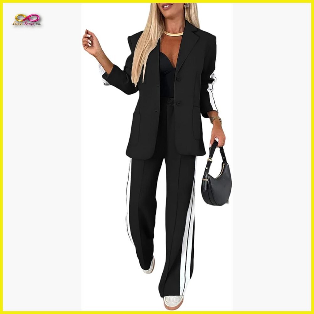 Striped Blazer Pant Set Business Casual Tailored Fit Jacquard Fabric